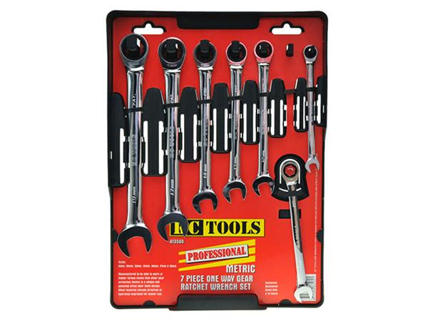 FASTNØKKELSETT 8-19MM M/SKRALLEF. En Vei, Polert, 7 Stk,  KC Tools 