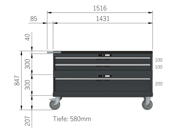 VERKTØYVOGN 3 SKUFFER 78X27E M/ HJUL 1435x572x805mm NCS S 6502-B, 2 mod Lista 