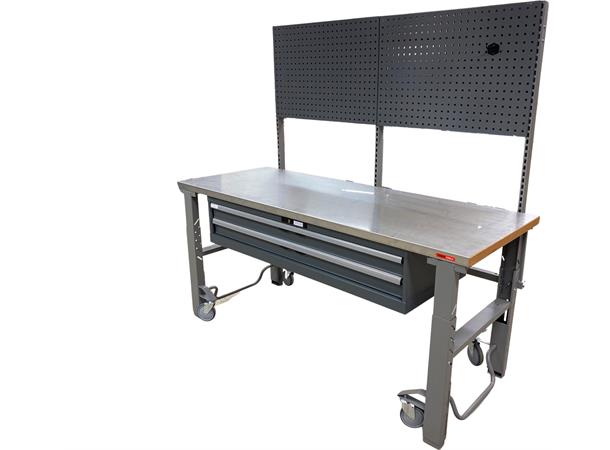 ARBEIDSBORD 2000X800X42 RUSTFRI TOPP Hjul, 2 store skuffer, 180mm skrustikke 