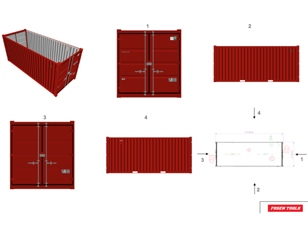 BYGGSAG CONTAINER 20 FOT RØD 2 x lys, strøminntak 400V RAL 3020 