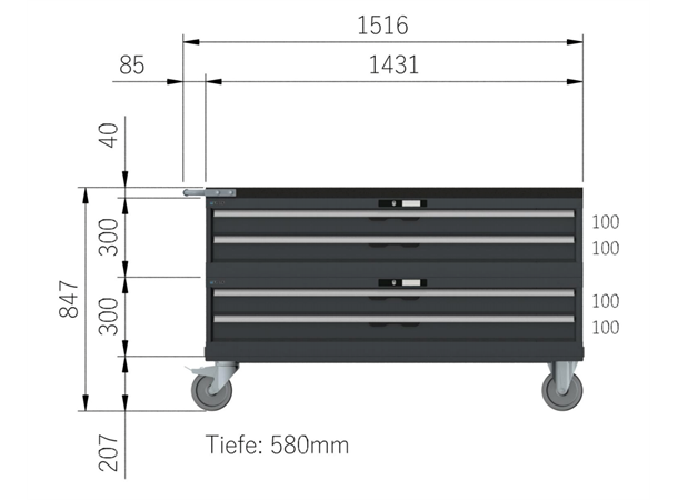 VERKTØYVOGN 4 SKUFFER 78X27E M/ HJUL 1435x572x805mm NCS S 6502-B, 2 mod Lista 