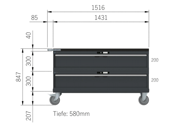 VERKTØYVOGN 2 SKUFFER 78X27E M/ HJUL 1435x572x805mm NCS S 6502-B, 2 mod Lista 