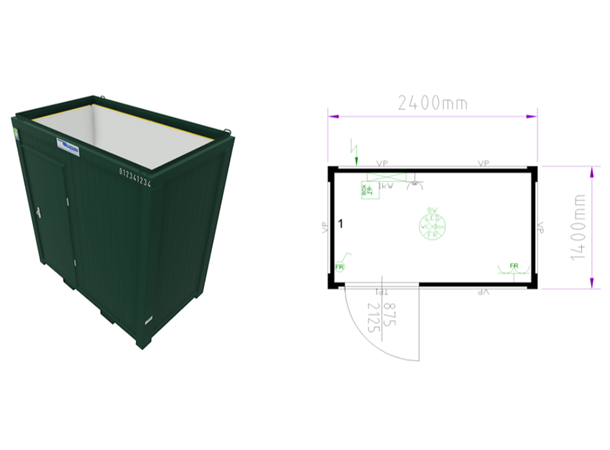 MODULBOKS 8 FOT ISOLERT GRØNN CONTAINER Lys- varme, 2400x1400x2540mm 