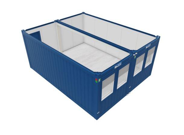 ÅPEN DOBBEL MODUL - 20 FOT, DØR,4 VINDU Isolert Ral 5010 Blå, 2 stk moduler 