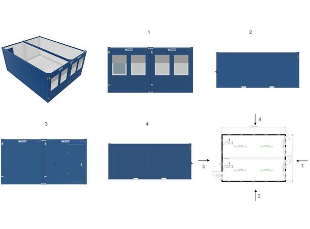 ÅPEN DOBBEL MODUL - 20 FOT, DØR,4 VINDU Isolert Ral 5010 Blå, 2 stk moduler 