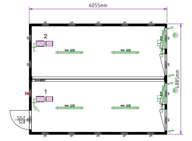ÅPEN DOBBEL MODUL - 20 FOT, DØR,4 VINDU Isolert Ral 5010 Blå, 2 stk moduler 